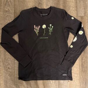 Life is Good Black Floral T-Shirt Long Sleeve Womens Size Small